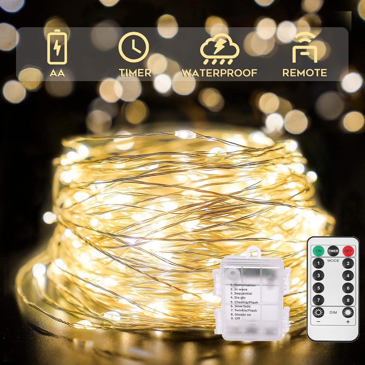 66ft 200 LED Battery Operated Outdoor String Lights, Warm White Fairy Lights with Remote, 8 Modes, Dimmable, Waterproof Twinkle Lights for Bedroom, Patio, Garden, Dorm, Fireplace, Xmas, Party, Indoor/Outdoor (Warm White)